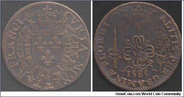 Jeton dated 1585 struck in latten and issued for the Mint Administration (Cour des Monnaies) during the reign of Henri III of France.