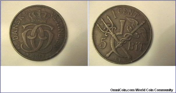 DANISH WEST INDIES
DANSK VESTINDIEN
1 CENT 5 BIT
1905-P
bronze