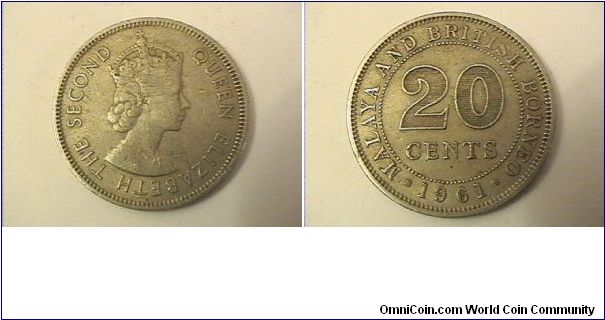 QUEEN ELIZABETH THE SECOND
MALAYA AND BRITISH BORNEO
20 CENTS
copper-nickel