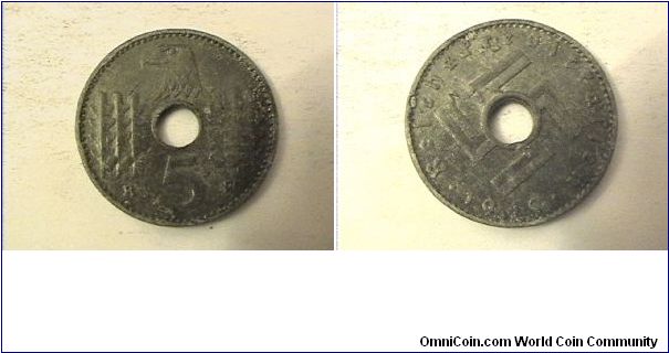 Third Reich, MILITARY COINAGE CIRCULATED IN OCCUPIED TERRITORIES 5 REICHSPFENNIG
zinc