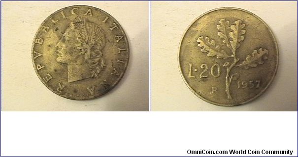 REPVBBLICA ITALIANA
20 LIRE
1957-R SERIFED 7
alum-bronze