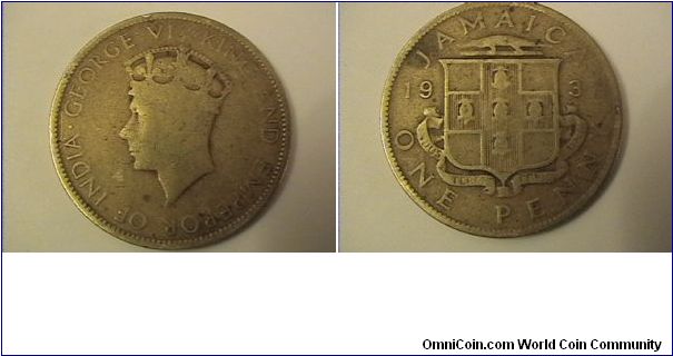 GEORGE VI KING AND EMPEROR OF INDIA
JAMAICA ONE PENNY
nickel-brass