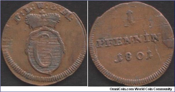 Lowenstein Wertheim Rochefort - copper 1 Pfenning, Cugnon mint in Luxembourg. Low grade.