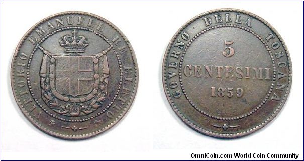 Government of Tuscany (annexation to Kingdom of Sardinia).
5 Centesimi - Copper