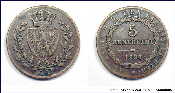 Provisional Government of Bologna - Annexation to Kingdom of Sardinia.
5 Centesimi - Copper.
(Coin of Charles Felix re-striked without mintmark)