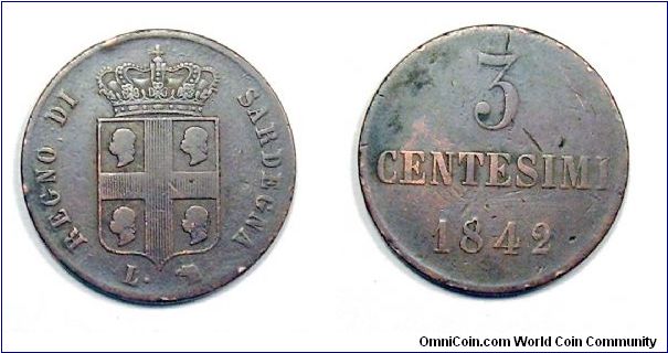 Kingdom of Sardinia. Charles Albert. 
3 Centesimi-Copper

Coinage for Sardinia