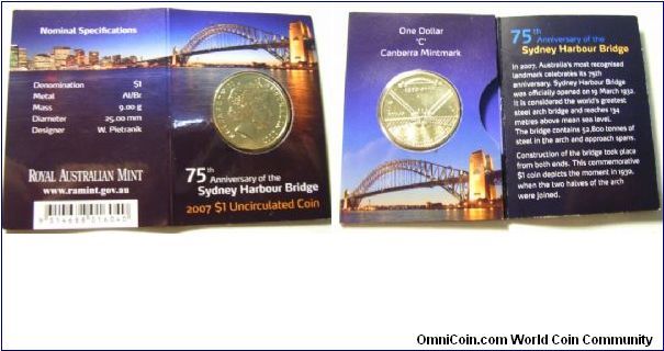 Australia 2007 1 dollar paper case, commemorating the 75th anniversary of the Harbour Bridge.