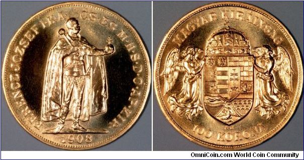 The 1908 Hungarian 100 Korona is always a restrike (usually official), and is the equivalent of the 1905 Austrian 100 Corona. It's still an attractive and imnprssive gold bullion coin.