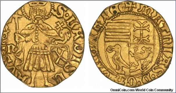 Hammered gold florin of Matthias I, who ruled from 1458 to 1490. Standing figure of Saint Ladislaus, facing, holding sceptre and orb, with the inscription:
S LADISLAUS XXX (REX?)