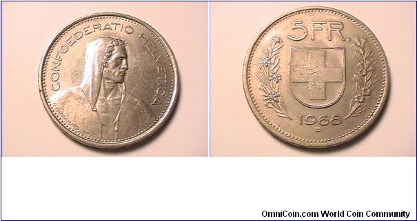 CONFOEDERATIO HELVETICA
5 FRANCS 1968-B
edge:DOMINUS PROVIDEBIT
copper-nickel