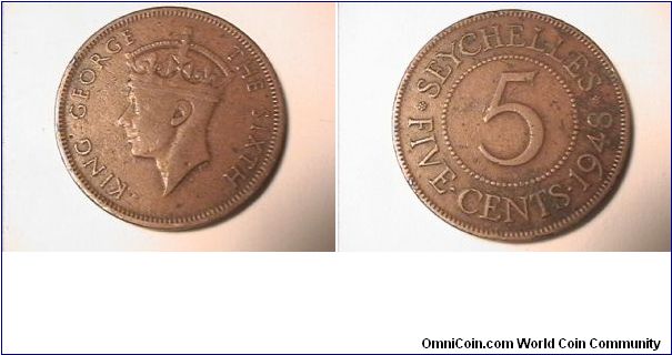 KING GEORGE THE SIXTH
SEYCHELLES 5 CENTS
bronze