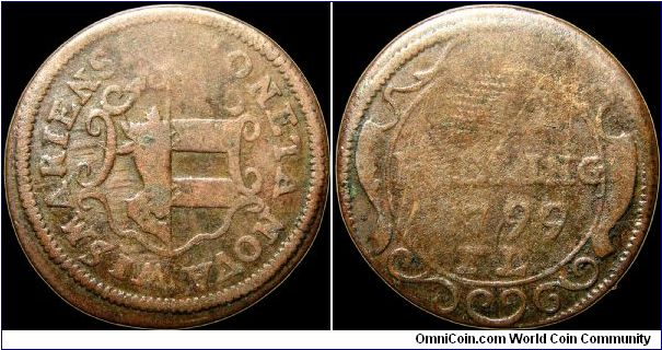 3 Pfening, Wismar.

Wismar is a city on the Baltic Sea, formerly a member of the Hanseatic League and at the time of this coin was owned by Sweden. Four years later, in 1803, it was sold to Mecklenburg-Schwerin. It continued minting 3 pfening pieces until 1854.                                                                                                                                                                                                                                             