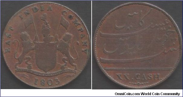 Madras Presidency 1803 copper XX cash . British East India Company