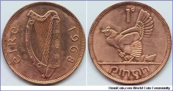 Ireland, 1 penny 1968.
Hen with chicks.