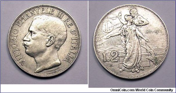 Kingdom of Italy
Victor Emmanuel III.
2 Lire (50th Jubilee of the Kingdom of Italy) - Silver