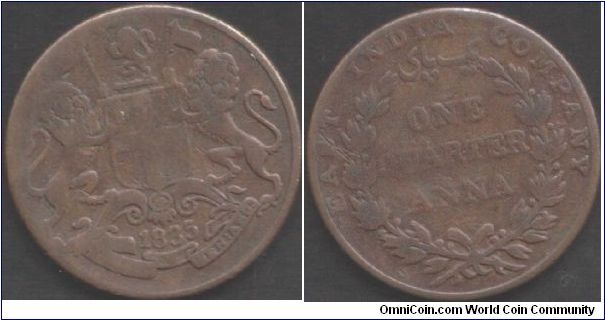 1835 1/4 Anna British East India Company during colonial period. Bombay mint, large legends and coin rotation.