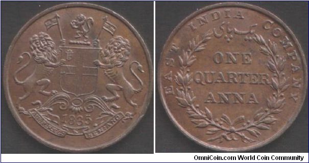 1835 1/4 Anna British East India Company during colonial period. Bombay mint (25.2mm), small legends and medal rotation.