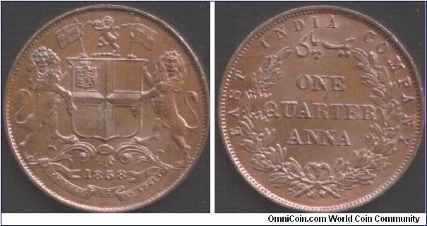 1858 1/4 Anna British East India Company during colonial period. Minted at Ralph Heaton and Sons, Birmingham, this coin has a double tip to the top leaves on the wreath and is coin rotation.