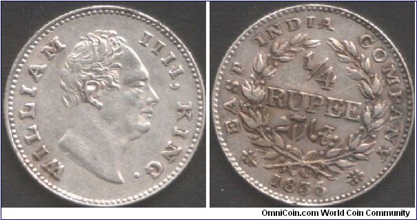 1835 Wm IIII 1/4 rupee. British East India Company during colonial era. Bombay Mint Type III reverse with 19 berries and F incused on truncation. This coin also has a die rotation error of roughly 25 degrees.