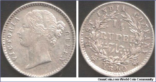 1840 Victoria 1/4 rupee. British East India Company during colonial era. Bombay and Calcutta mints. Split legend, type with crosslet 4 in date, and W.W. raised on truncation. This coin evidences a hub doubled die (date and lower portion of wreath).