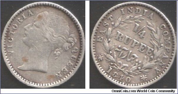 1840 Victoria 1/4 rupee. British East India Company during colonial era. Madras mint, split legend type, W.W. and B. raised on truncation.