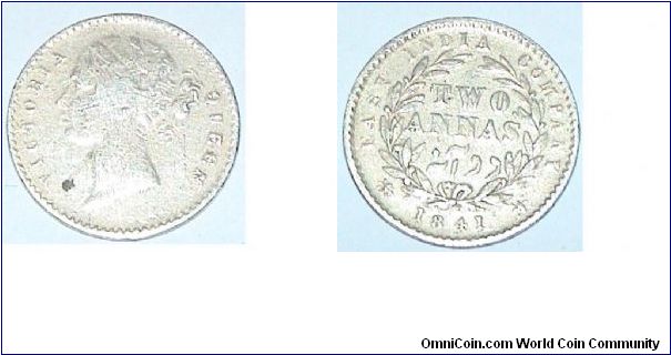 2 Annas. East India Company. Victoria. silver coin. Type 2.