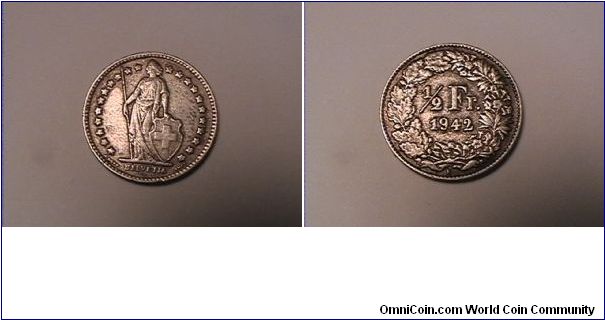 HELVETIA
1/2 FRANC
0.8350 silver
1942-B