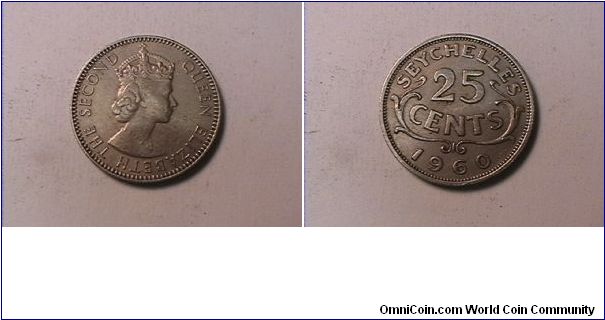 QUEEN ELIZABETH THE SECOND
SEYCHELLES 25 CENTS
copper-nickel