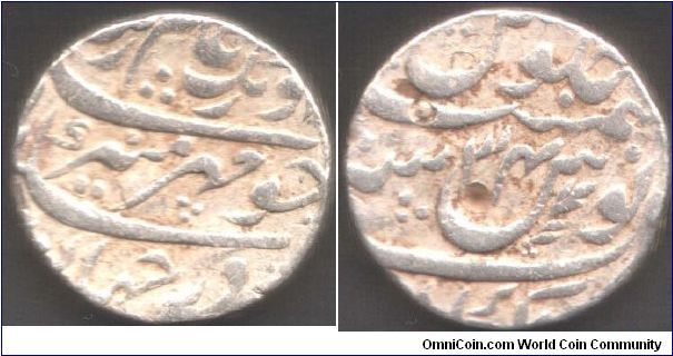 Mughal Empire - 1692 silver rupee of Muhammad Aurangazeb Alamgir, minted at Akbarnagar in year 34 of his reign.