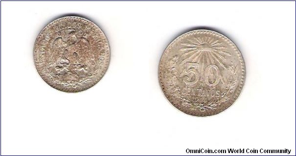 Unc with some toning
50 centavos
55,806,000 Minted .7200 Silver/.1929 OZ
KM#447