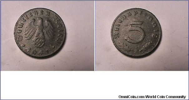 THIRD REICH
1941-E
5 REICH PFENNIG
zinc