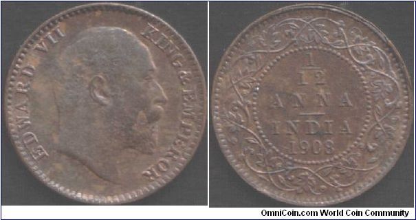 1908 1/12th anna Calcutta mint, thin planchet.