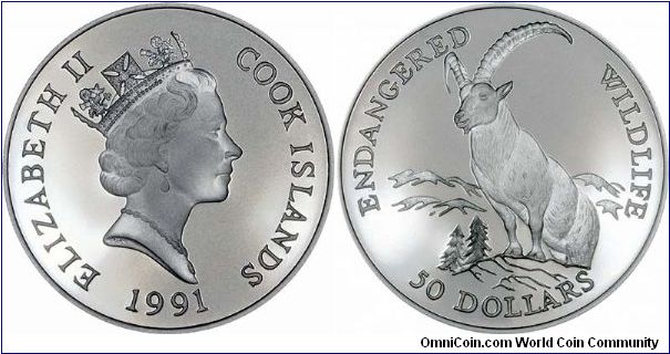 Alpine ibex on a Cook Islands $50 silver proof coin, part of an endangered wildlife series of 12 issued in 1991. Cook Islands issued endangered wildlife series in a surprisingly large number of years. Few of the animals and birds feautured have any connection with the Cook Islands!