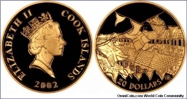 Gold proof $20 for the Queen's Golden Jubilee, themed Street Parties, with flags waving above rooftops.
