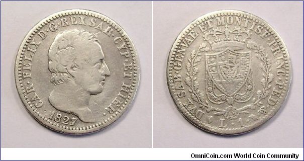 Kingdom of Sardinia. Charles Felix. 1 Lira.
Silver