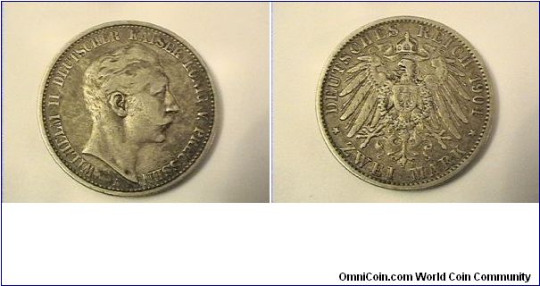 WILHELM II DEUTSCHER KAISER KONIG V PREUSSIN
DEUTSCHES REICH ZWEI MARK 1904-A
0.900 silver