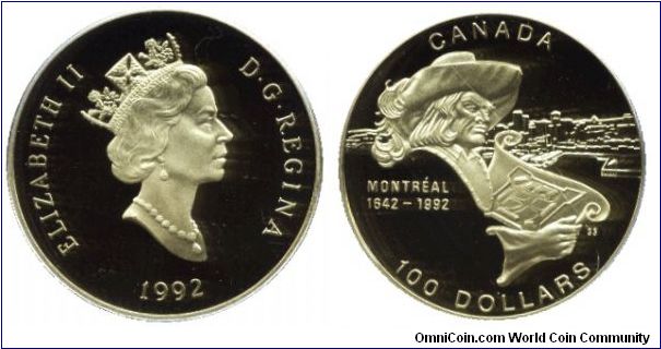 Canada, 100 dollars, 1992, Au, Queen Elizabeth II, 1642-1992, Maisonneuve, founder of Montréal.                                                                                                                                                                                                                                                                                                                                                                                                                     