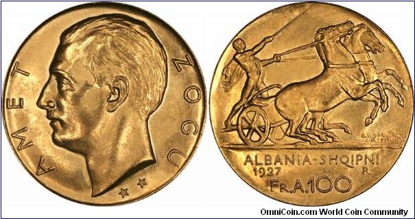 1967 Albanian gold 100 Franga Ari, featuring Ahmet Zogu,   President Ahmed Zoguwho in 1928 went on to proclaim himself King Zog. Reverse shows a biga (2 horse chariot). All Albanian gold coins are rare.