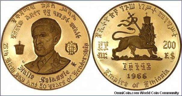 Largest of 5 coins in the 1966 gold proof sets. Issued for the 75th birthday of Haile Selassie, and the 50th anniversary of his leadership.