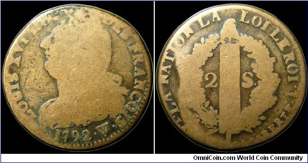 2 Sols, Lille mint. Bell metal.                                                                                                                                                                                                                                                                                                                                                                                                                                                                                     