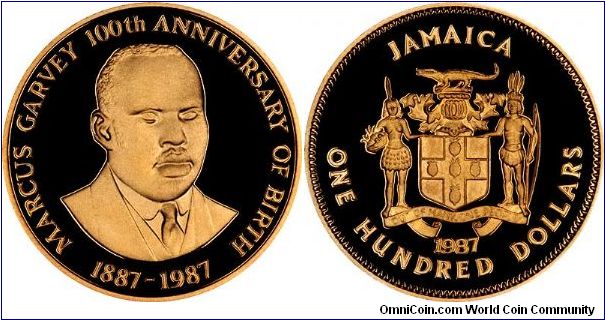 Jamaican national hero Marcus Mosiah Garvey is featured on this gold $100 commemorating the 100th anniversary of his birth.