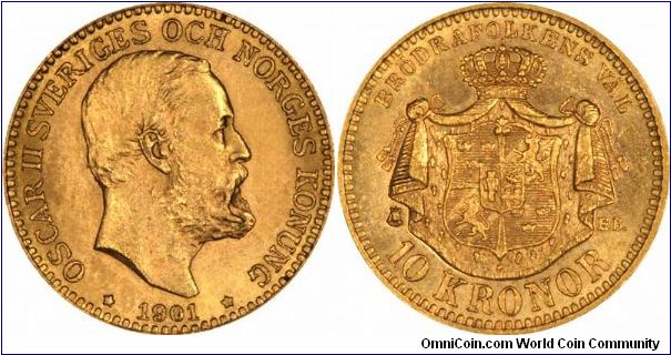 King Oscar II, and draped, crowned shield  bearing Swedish coat of arms on gold 10 Kronor.
