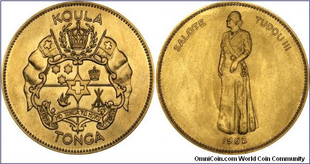 Strikingly simple but effective portrait of Queen Salote standing, on reverse of Tonga gold proof 1 Koula. She was very tall at 1.91 metres or 6'3.