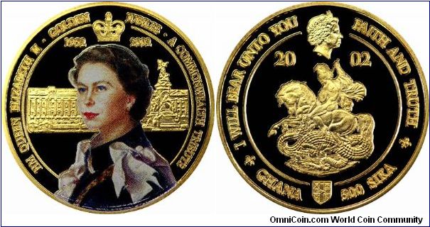 Colour printed portrait of Queen Elizabeth II on what we would call the obverse, but Krause states to be the reverse. The other side features a St. George and dragon design. The denomination Sika appear not to be an official one in Ghana, and Krause does list these as medallic coinage. The attractive portrait is spoiled in our opinion, by the fact that this coin was struck in 9  carat (37.5%) gold.