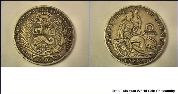 REPUBLICA PERUANA LIMA 9 DECOMOS FINO F
FIRME Y FELIZ POR LA UNION UN SOL
1896-F
0.900 silver
not listed in krause