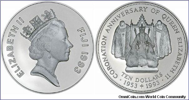 Fortieth anniversary of the Coronation theme on reverse of Fijian silver proof $10.