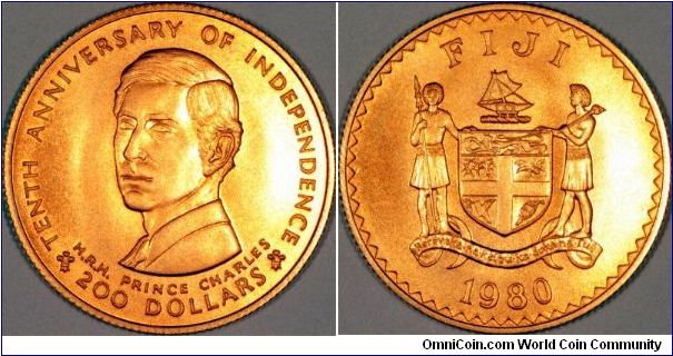 Portrait of Prince Charles on gold $200 commemorating the tenth anniversary of independence.