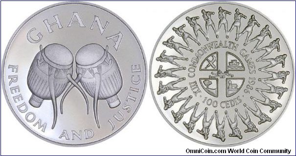 Commonwealth Games of 1986 which were held in Edinburgh, Scotland is the theme of this silver proof 100 Cedis crown.