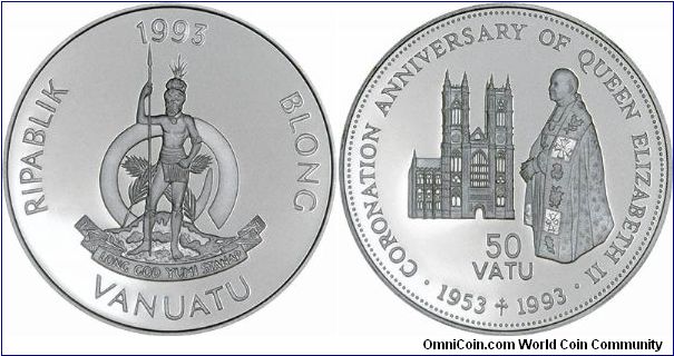 Silver proof 50 Vatu crown, part of a 24 piece international collection for the 40th anniversary of the Coronation. This is the same coin as our other photograph, using a different photographic technique.