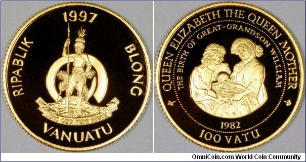 Gold proof 100 Vatu for the Queen Mother, part of an extensive series issued by any country who could get into the act, showing different scenes from her life.